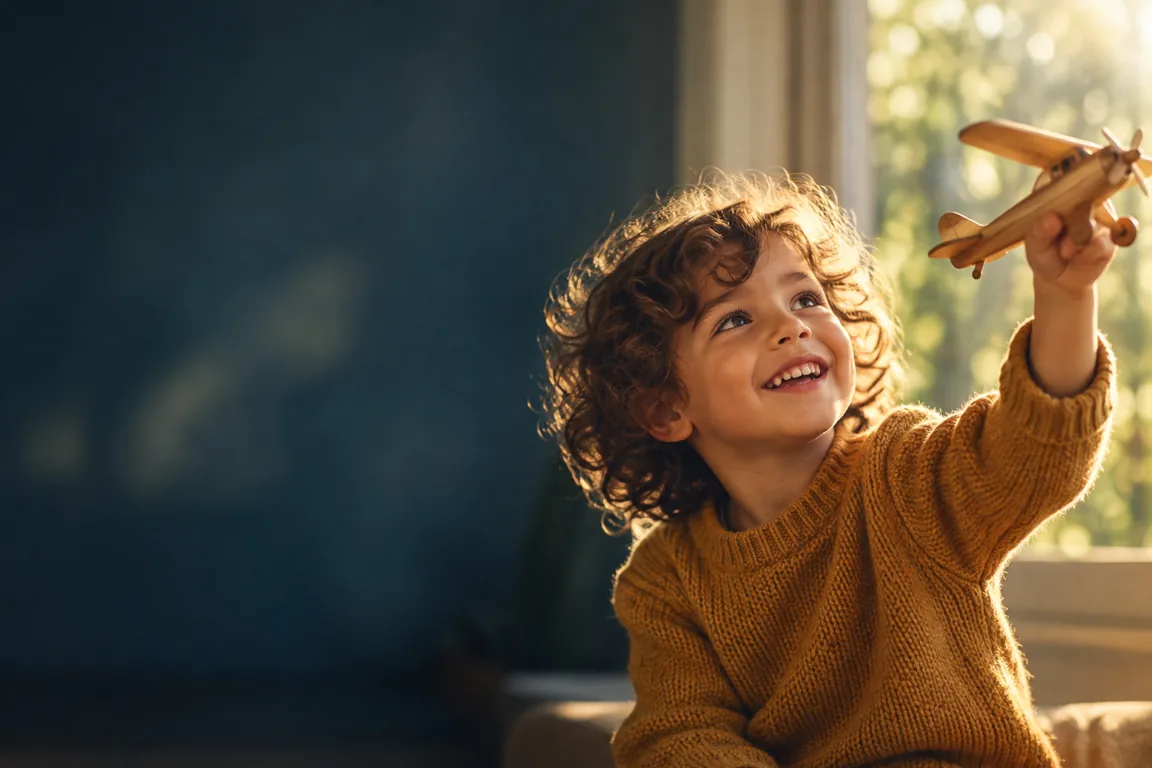 Un enfant joue avec un petit avion en bois dans une lumière douce.
